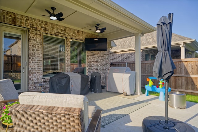 9513 Blue Stem Ln, Little Elm, TX 75068 - view of patio featuring ceiling fan and grilling area