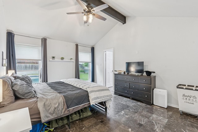 3905 Chestnut St, Fort Worth, TX 76137 - bedroom featuring beam ceiling, marble finish flooring, a ceiling fan, and high vaulted ceiling