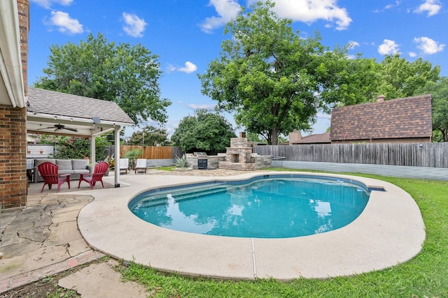 3905 Chestnut St, Fort Worth, TX 76137 - view of pool featuring a patio, a fenced backyard, ceiling fan, and an outdoor living space with a fireplace