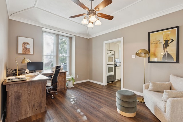 10306 Cimmaron Trl, Dallas, TX 75243 - home office featuring a ceiling fan, dark wood finished floors, and ornamental molding