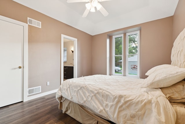10306 Cimmaron Trl, Dallas, TX 75243 - bedroom with dark wood finished floors, a ceiling fan, and ensuite bath