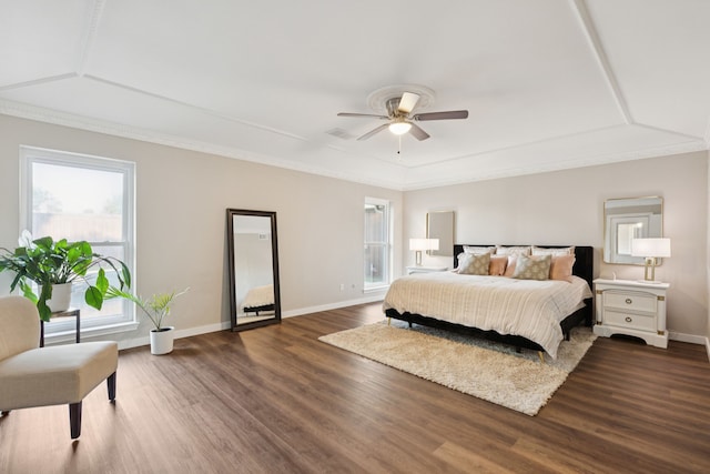 10306 Cimmaron Trl, Dallas, TX 75243 - bedroom with wood finished floors, a raised ceiling, and a ceiling fan