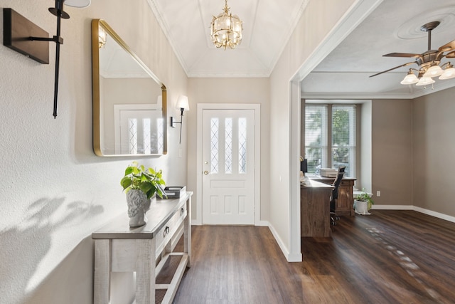 10306 Cimmaron Trl, Dallas, TX 75243 - foyer with dark wood-style floors, a chandelier, a ceiling fan, and crown molding