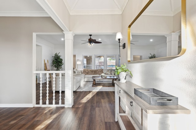 10306 Cimmaron Trl, Dallas, TX 75243 - entryway featuring ceiling fan, dark wood-style floors, crown molding, and ornate columns