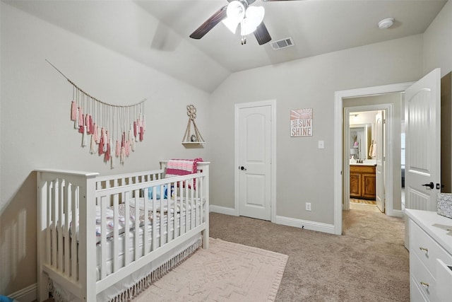 10704 Parnell Dr, Mckinney, TX 75072 - bedroom featuring carpet flooring, vaulted ceiling, a crib, and ceiling fan