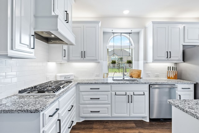 180 Highbridge Ln, Prosper, TX 75078 - kitchen featuring appliances with stainless steel finishes, white cabinets, tasteful backsplash, light stone counters, and custom range hood