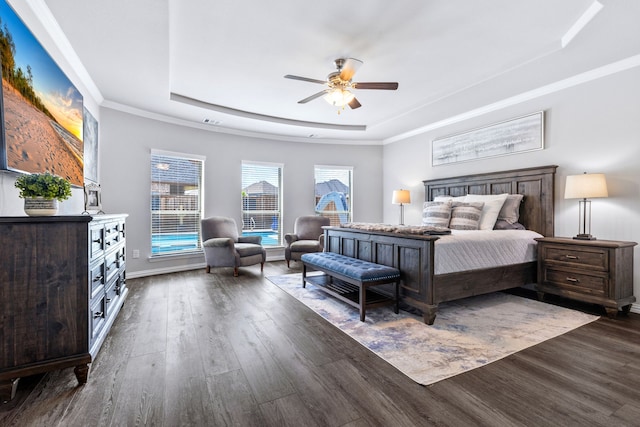 180 Highbridge Ln, Prosper, TX 75078 - bedroom with a raised ceiling, dark wood-style floors, crown molding, and ceiling fan