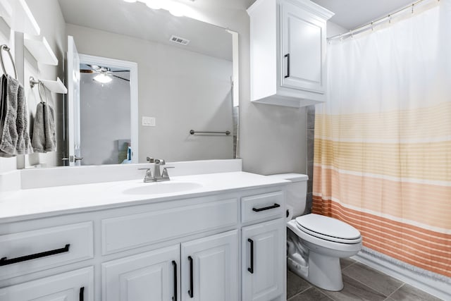 180 Highbridge Ln, Prosper, TX 75078 - bathroom with vanity, ceiling fan, a shower with curtain, and tile patterned floors