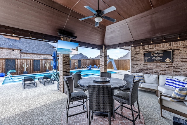 180 Highbridge Ln, Prosper, TX 75078 - fenced backyard featuring a ceiling fan, outdoor lounge area, outdoor dining area, and a patio area