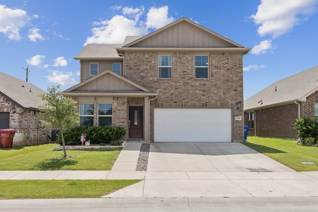 1560 Glacier Rdg, Royse City, TX 75189 - view of front of home featuring brick siding, a front lawn, an attached garage, concrete driveway, and board and batten siding