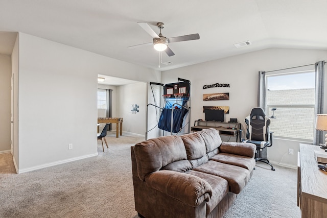 1560 Glacier Rdg, Royse City, TX 75189 - carpeted living area featuring a ceiling fan and lofted ceiling