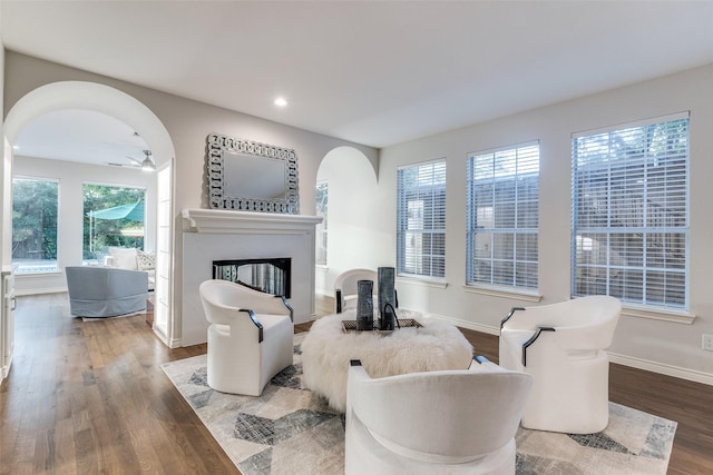 8931 Club Creek Cir, Dallas, TX 75238 - living area with a glass covered fireplace, wood finished floors, plenty of natural light, recessed lighting, and arched walkways