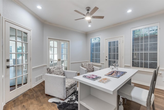 8931 Club Creek Cir, Dallas, TX 75238 - home office with wood finished floors, ornamental molding, ceiling fan, recessed lighting, and french doors