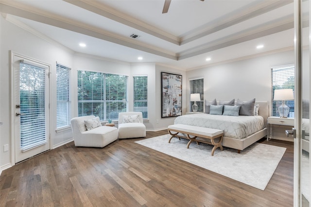 8931 Club Creek Cir, Dallas, TX 75238 - bedroom featuring ornamental molding, access to exterior, wood finished floors, a ceiling fan, and recessed lighting