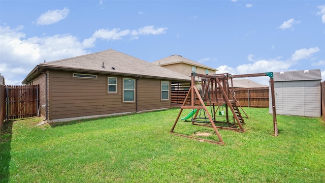 6348 Porthole Ln, Fort Worth, TX 76179 - rear view of house with a playground, a fenced backyard, and an outdoor structure