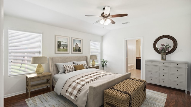 6348 Porthole Ln, Fort Worth, TX 76179 - bedroom with dark wood-style flooring, ensuite bath, ceiling fan, and lofted ceiling