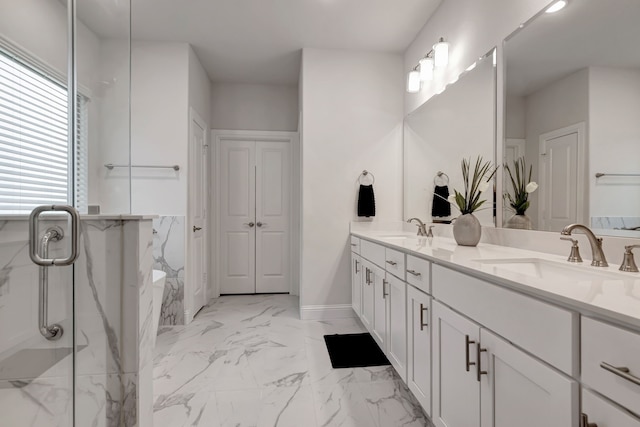 237 Gardenia Dr, Azle, TX 76020 - bathroom featuring double vanity, marble finish flooring, a marble finish shower, and a garden tub