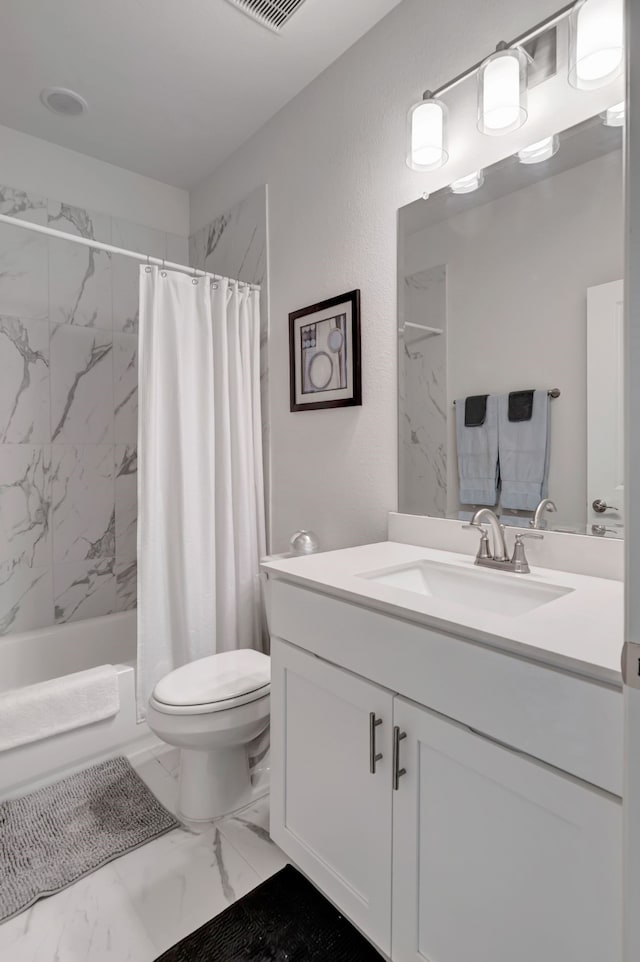 237 Gardenia Dr, Azle, TX 76020 - full bath with marble finish flooring, vanity, and shower / bath combo with shower curtain