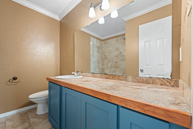 721 SW Hillside Dr, Burleson, TX 76028 - full bath featuring crown molding, vanity, tiled shower, and tile patterned flooring