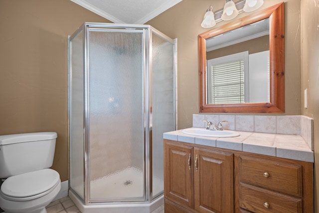 721 SW Hillside Dr, Burleson, TX 76028 - bathroom featuring crown molding, vanity, a stall shower, and tile patterned floors