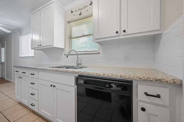 721 SW Hillside Dr, Burleson, TX 76028 - kitchen with dishwasher, white cabinetry, backsplash, light tile patterned flooring, and crown molding