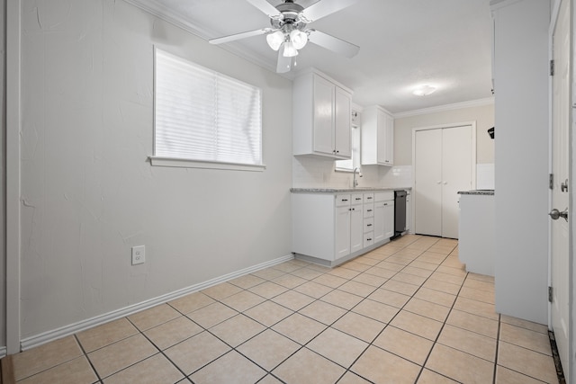 721 SW Hillside Dr, Burleson, TX 76028 - kitchen with white cabinets, crown molding, a ceiling fan, decorative backsplash, and light tile patterned floors