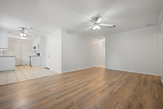 721 SW Hillside Dr, Burleson, TX 76028 - unfurnished living room with ceiling fan, light wood finished floors, and ornamental molding