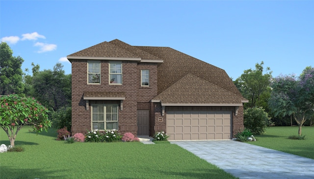 1327 Burgess St, Royse City, TX 75189 - view of front facade with an attached garage, concrete driveway, a front lawn, brick siding, and a shingled roof