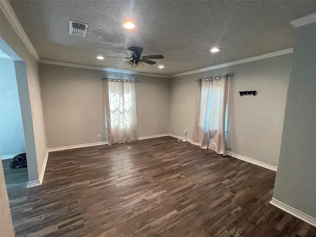 207 Whitworth St, Sulphur Springs, TX 75482 - empty room with crown molding, ceiling fan, a textured ceiling, dark wood-style floors, and recessed lighting