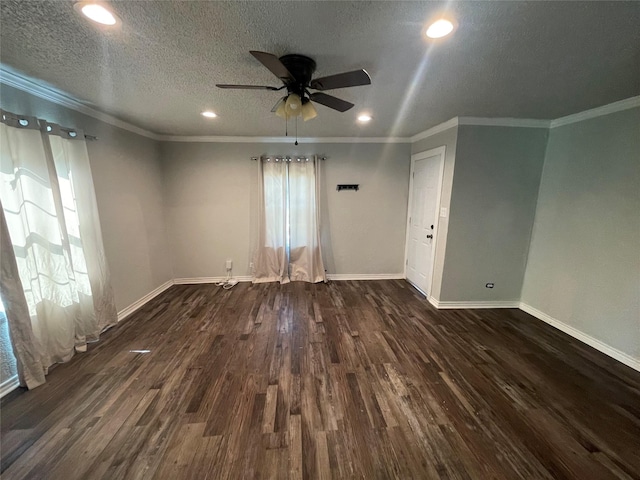 207 Whitworth St, Sulphur Springs, TX 75482 - empty room with ceiling fan, dark wood-type flooring, crown molding, recessed lighting, and a textured ceiling