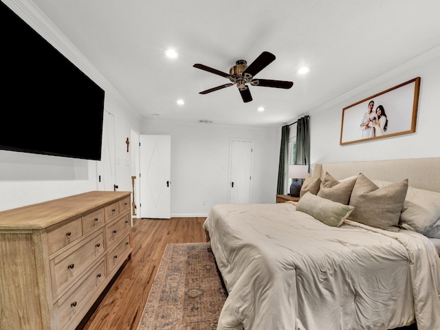 3921 Bryce Ave, Fort Worth, TX 76107 - bedroom with recessed lighting, light wood finished floors, a ceiling fan, and ornamental molding