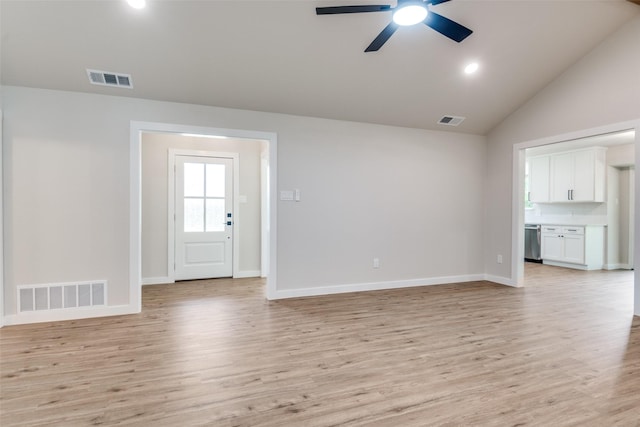 707 Lake Meadows Dr, Rockwall, TX 75087 - unfurnished living room with a ceiling fan, light wood-style floors, and vaulted ceiling