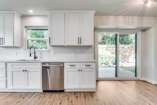 707 Lake Meadows Dr, Rockwall, TX 75087 - kitchen with dishwasher, tasteful backsplash, light wood-style floors, white cabinets, and recessed lighting