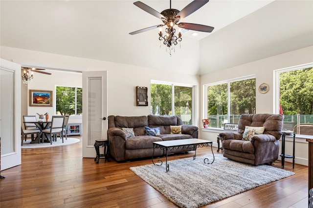 750 Emerald Sound Blvd, Oak Point, TX 75068 - living room featuring a ceiling fan, healthy amount of natural light, dark wood-type flooring, and high vaulted ceiling