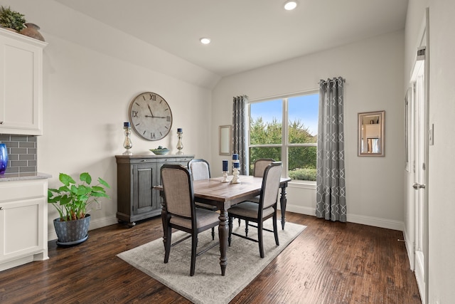 1105 Denton Creek Dr, Justin, TX 76247 - dining space featuring dark wood finished floors, recessed lighting, and vaulted ceiling