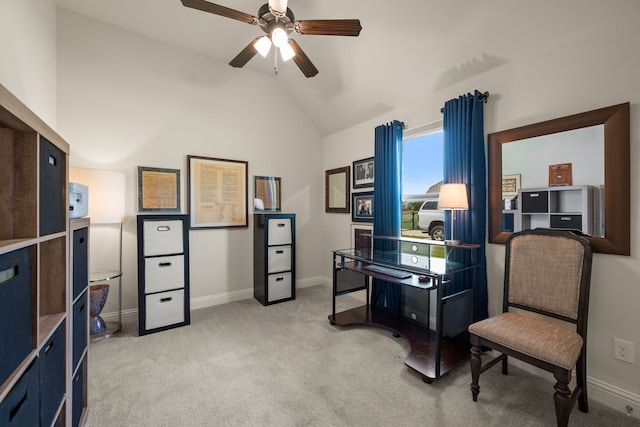 1105 Denton Creek Dr, Justin, TX 76247 - office area featuring vaulted ceiling, a ceiling fan, and light colored carpet