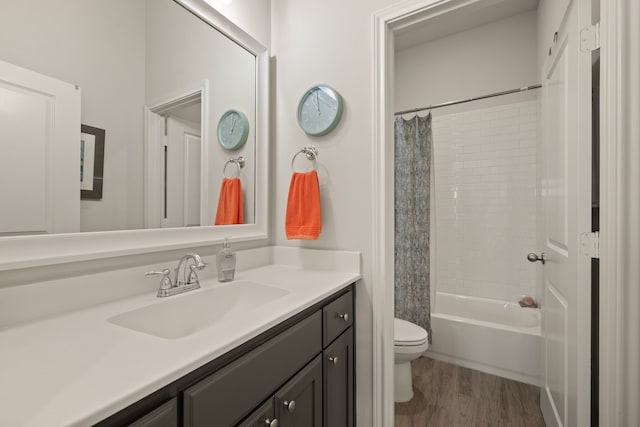 1105 Denton Creek Dr, Justin, TX 76247 - bathroom featuring vanity, shower / tub combo with curtain, and wood finished floors