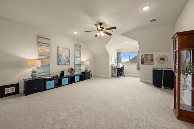 1105 Denton Creek Dr, Justin, TX 76247 - interior space featuring carpet flooring, ceiling fan, vaulted ceiling, and recessed lighting