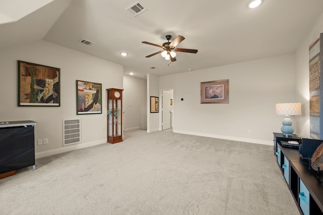 1105 Denton Creek Dr, Justin, TX 76247 - living area featuring carpet, ceiling fan, and recessed lighting