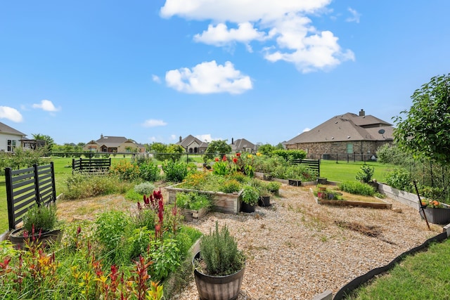 1105 Denton Creek Dr, Justin, TX 76247 - fenced yard featuring a vegetable garden and a residential view