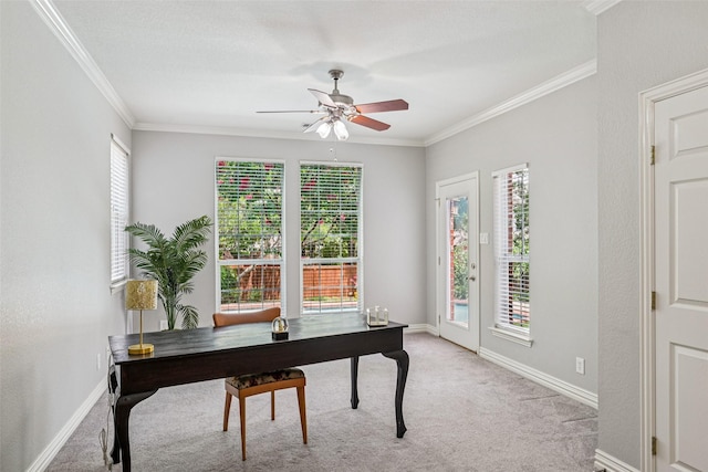 6903 Glenview Ln, Colleyville, TX 76034 - office area with light carpet, ornamental molding, a ceiling fan, and plenty of natural light
