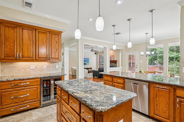 6903 Glenview Ln, Colleyville, TX 76034 - kitchen with stainless steel dishwasher, wine cooler, brown cabinetry, ornamental molding, and tasteful backsplash