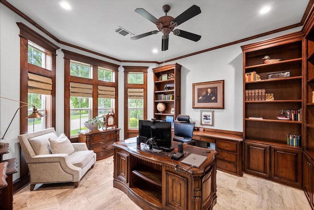 5106 Oak Ln, Arlington, TX 76017 - office space with crown molding, ceiling fan, and recessed lighting