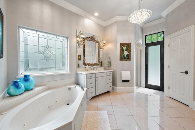 5106 Oak Ln, Arlington, TX 76017 - bathroom with vanity, a tub with jets, ornamental molding, a chandelier, and tile patterned floors