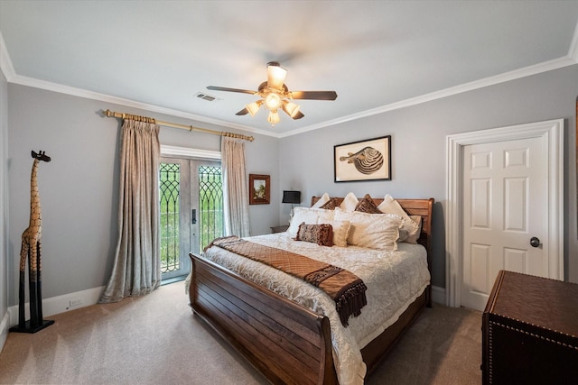 5106 Oak Ln, Arlington, TX 76017 - carpeted bedroom with access to exterior, ornamental molding, and a ceiling fan