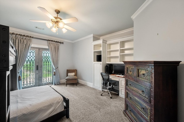 5106 Oak Ln, Arlington, TX 76017 - carpeted bedroom with access to exterior, french doors, crown molding, a ceiling fan, and built in study area