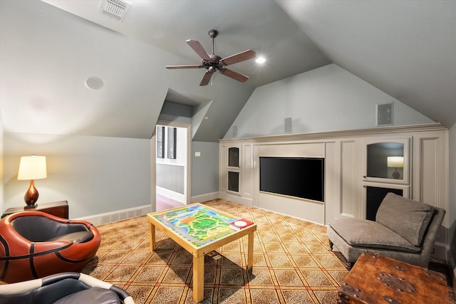 5106 Oak Ln, Arlington, TX 76017 - living area featuring vaulted ceiling and a ceiling fan