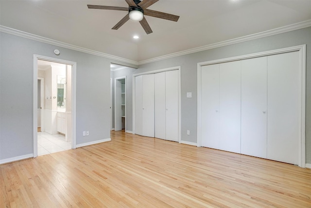 108 Smallwood Dr, Westworth Village, TX 76114 - unfurnished bedroom featuring multiple closets, wood finished floors, crown molding, ensuite bathroom, and a ceiling fan