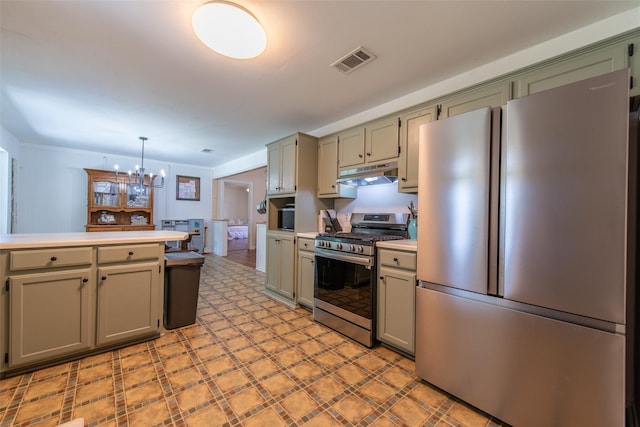 103 Irvin Ln, Mount Vernon, TX 75457 - kitchen with stainless steel appliances, light floors, under cabinet range hood, a chandelier, and light countertops