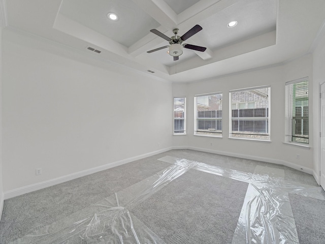 12815 Lourdes Ln, Frisco, TX 75035 - empty room featuring recessed lighting, coffered ceiling, light carpet, a ceiling fan, and beam ceiling